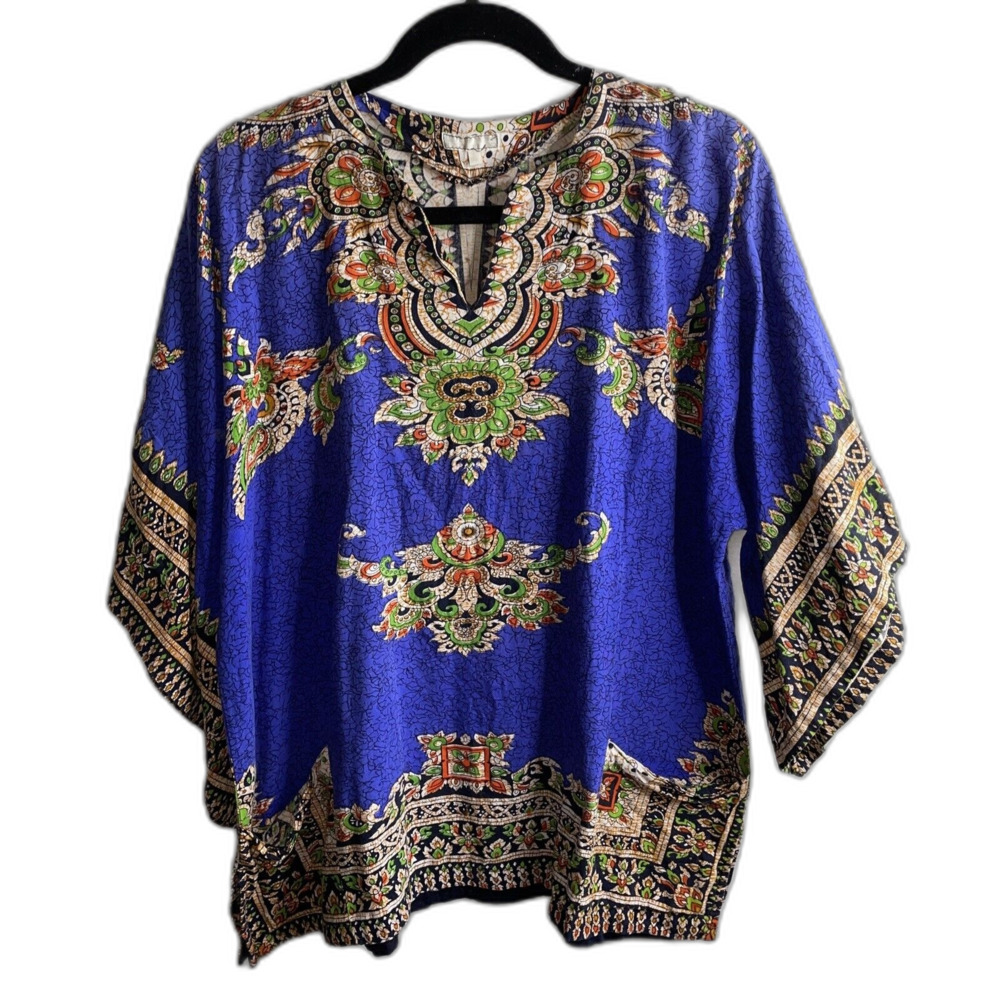 Womens Thailand Tunic 100% Cotton Sz L Boho Hippie Blouse Pockets See Measurents